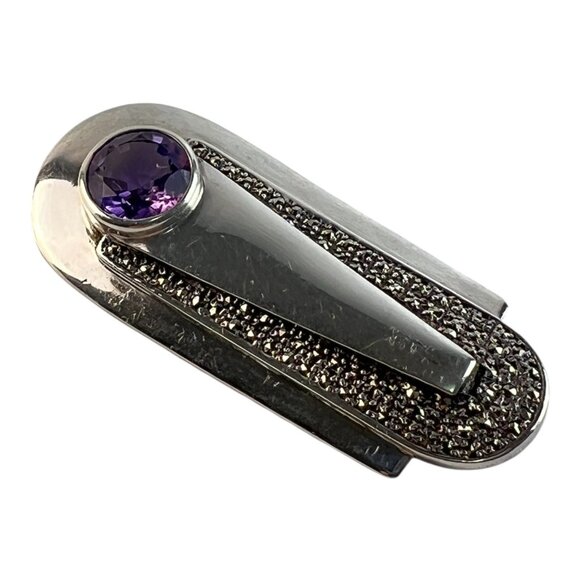 Art Deco Style Heirloom 73 Sterling Silver Amethyst Marcasite Unisex Lapel Pin - Picture 3 of 7